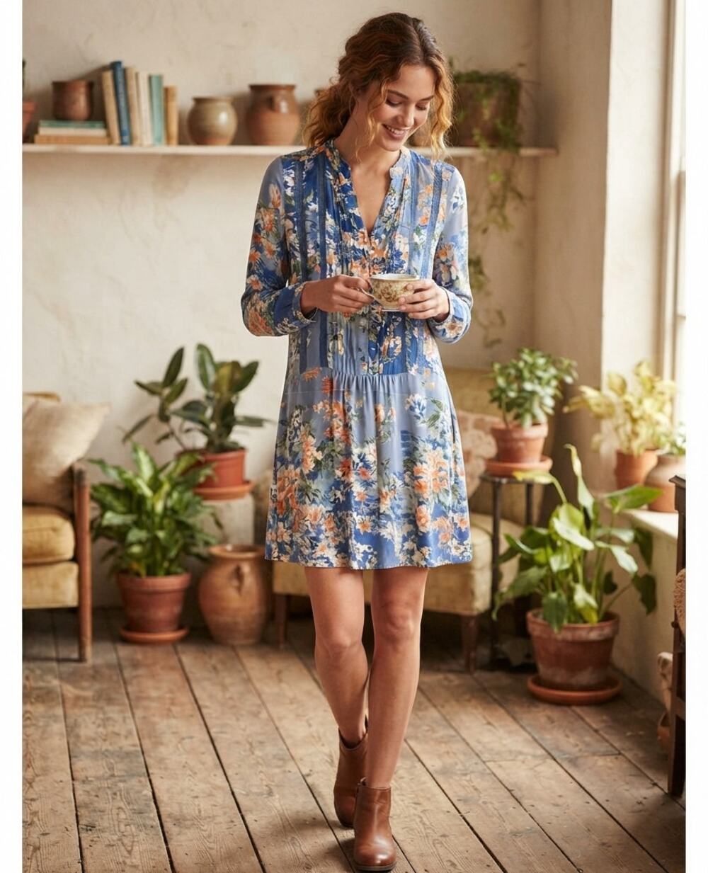 Tiny Boho Blue Floral Laced Long Sleeve Henley Tunic Dress Cottagecore Small